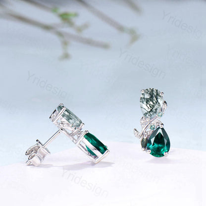 Moss Agate & Emerald Sterling Silver Earrings Leaf Vine Twig Studs - PENFINE