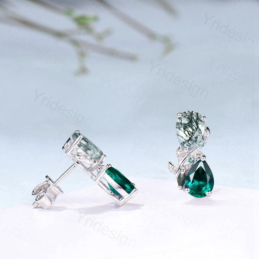 Moss Agate & Emerald Sterling Silver Earrings Leaf Vine Twig Studs - PENFINE