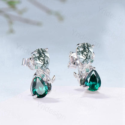 Moss Agate & Emerald Sterling Silver Earrings Leaf Vine Twig Studs - PENFINE