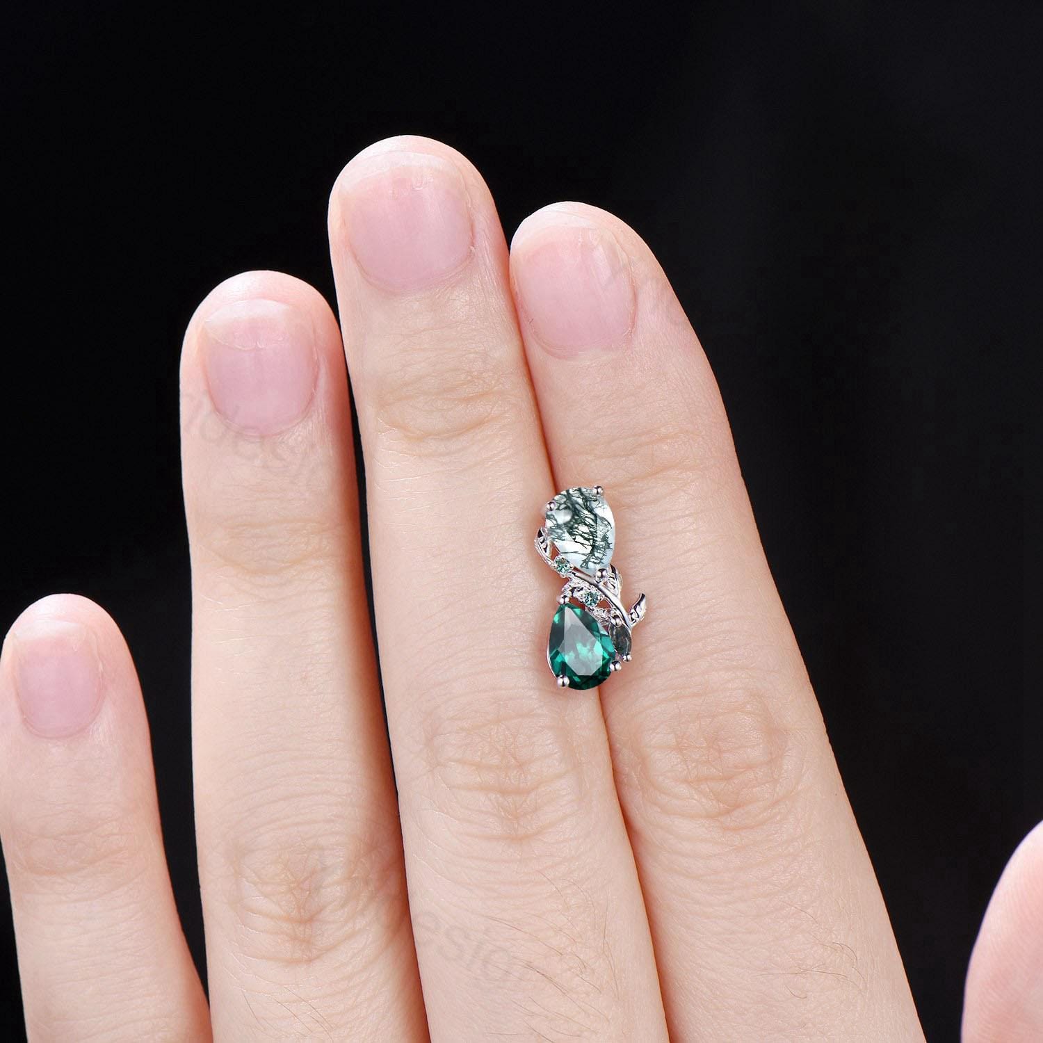 Moss Agate & Emerald Sterling Silver Earrings Leaf Vine Twig Studs - PENFINE