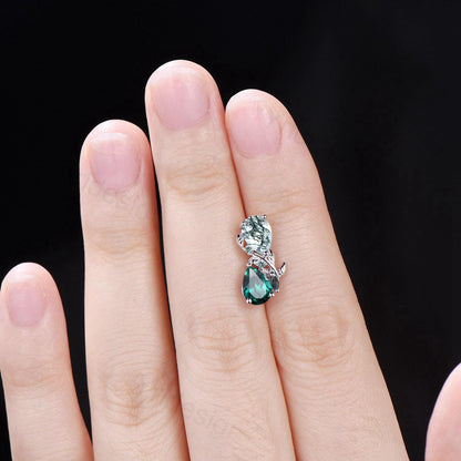 Moss Agate & Emerald Sterling Silver Earrings Leaf Vine Twig Studs - PENFINE