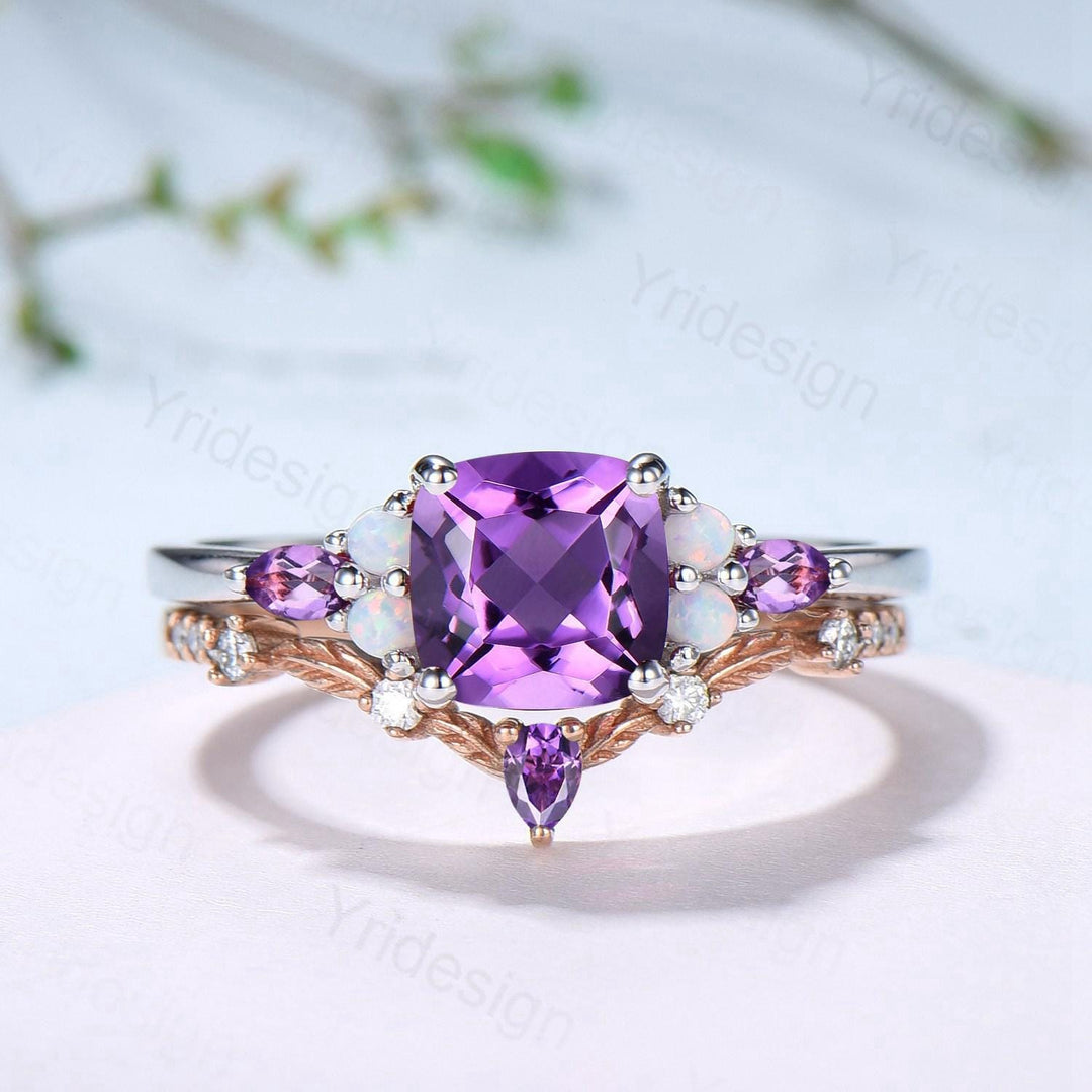 Vintage Cushion Amethyst Engagement Ring Set, Opal Leaf Vine Band - PENFINE