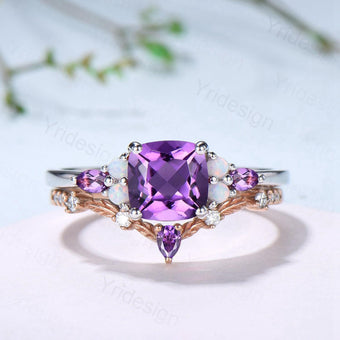 Vintage Cushion Amethyst Engagement Ring Set, Opal Leaf Vine Band - PENFINE