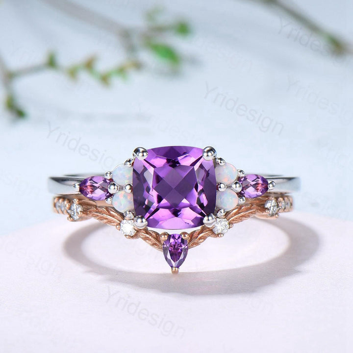 Vintage Cushion Amethyst Engagement Ring Set, Opal Leaf Vine Band - PENFINE