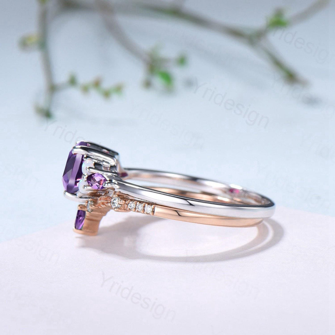 Vintage Cushion Amethyst Engagement Ring Set, Opal Leaf Vine Band - PENFINE