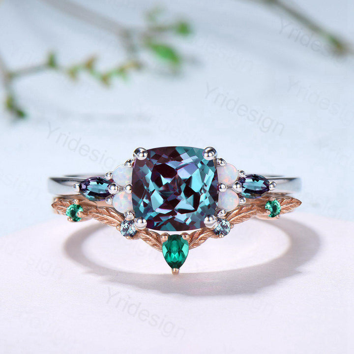 Vintage Cushion Alexandrite Enaggement Ring Set, Cluster Opal Marquise Alexandrite Wedding Set, Emerald Stacking Band - PENFINE