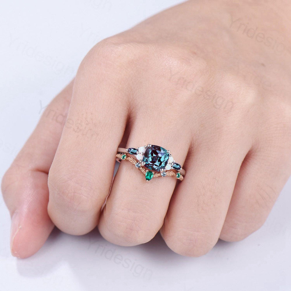 Vintage Cushion Alexandrite Enaggement Ring Set, Cluster Opal Marquise Alexandrite Wedding Set, Emerald Stacking Band - PENFINE