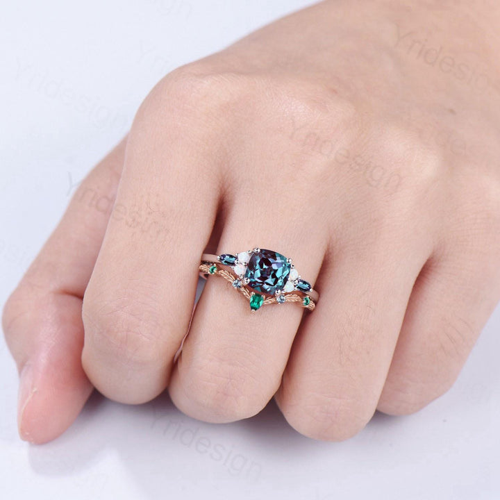 Vintage Cushion Alexandrite Enaggement Ring Set, Cluster Opal Marquise Alexandrite Wedding Set, Emerald Stacking Band - PENFINE