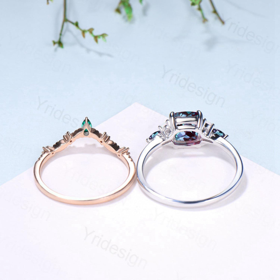 Vintage Cushion Alexandrite Enaggement Ring Set, Cluster Opal Marquise Alexandrite Wedding Set, Emerald Stacking Band - PENFINE