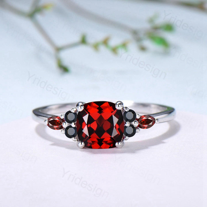 Cushion Garnet Statement Ring, Black Spinel Accent, 14K Gold - PENFINE