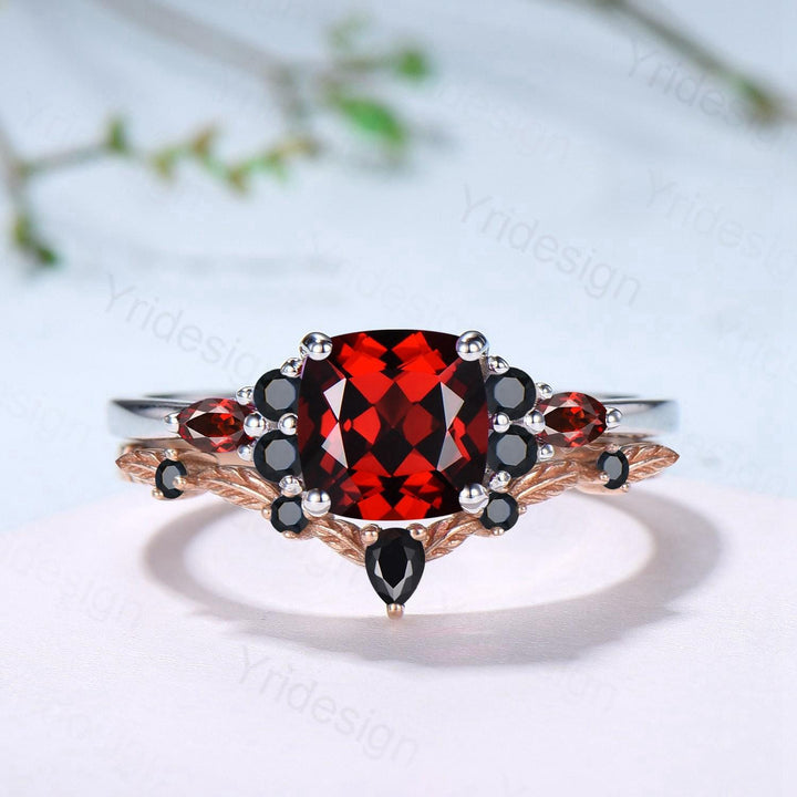 Cushion Garnet Statement Ring, Black Spinel Accent, 14K Gold - PENFINE