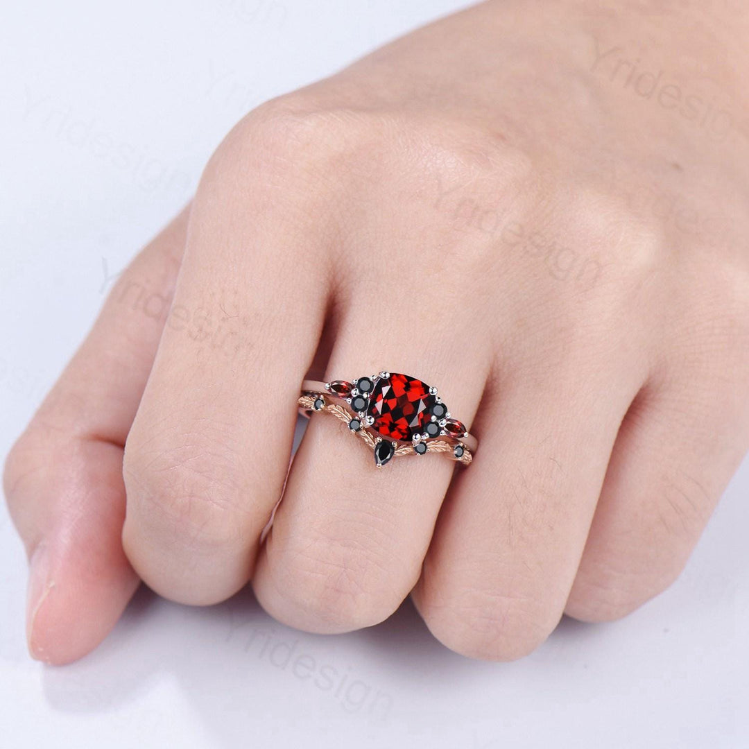 Cushion Garnet Statement Ring, Black Spinel Accent, 14K Gold - PENFINE