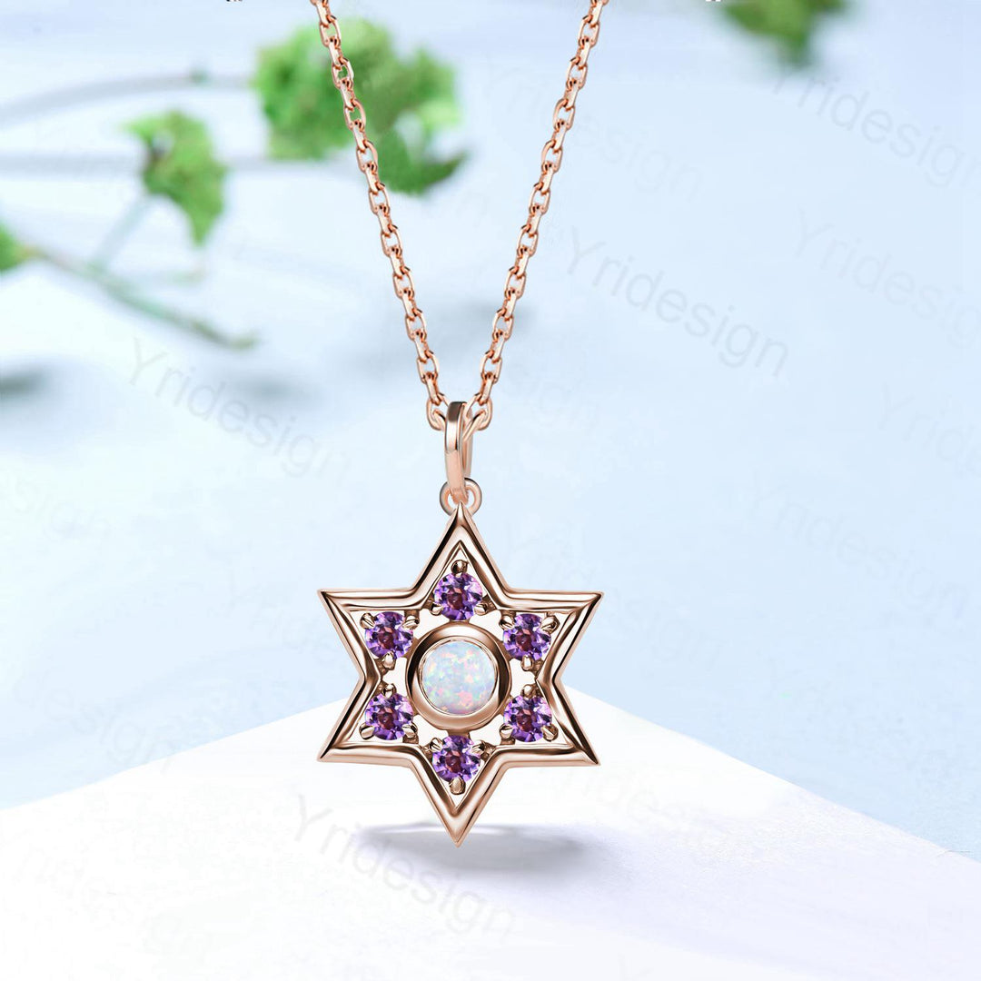 Enchanting Star of David Opal & Amethyst Necklace -  Sterling Silver Pendant, Mystical Celestial Jewelry, October/ February Birthstone Gift - PENFINE