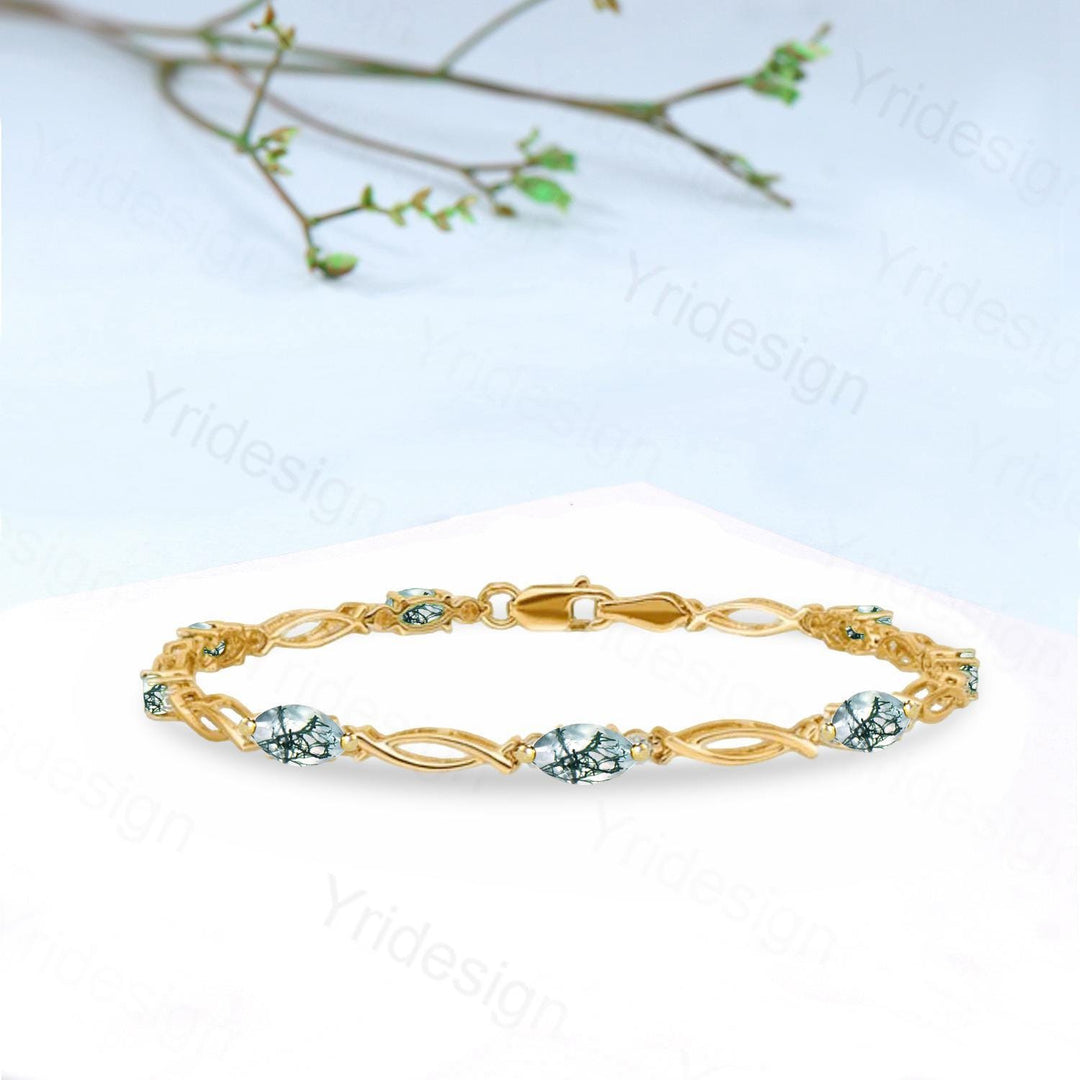 Enchanted Moss Agate Bracelet - Gold Twisted Vine Link Bracelet with Dendritic Gemstones, Nature-Inspired Boho Jewelry - PENFINE