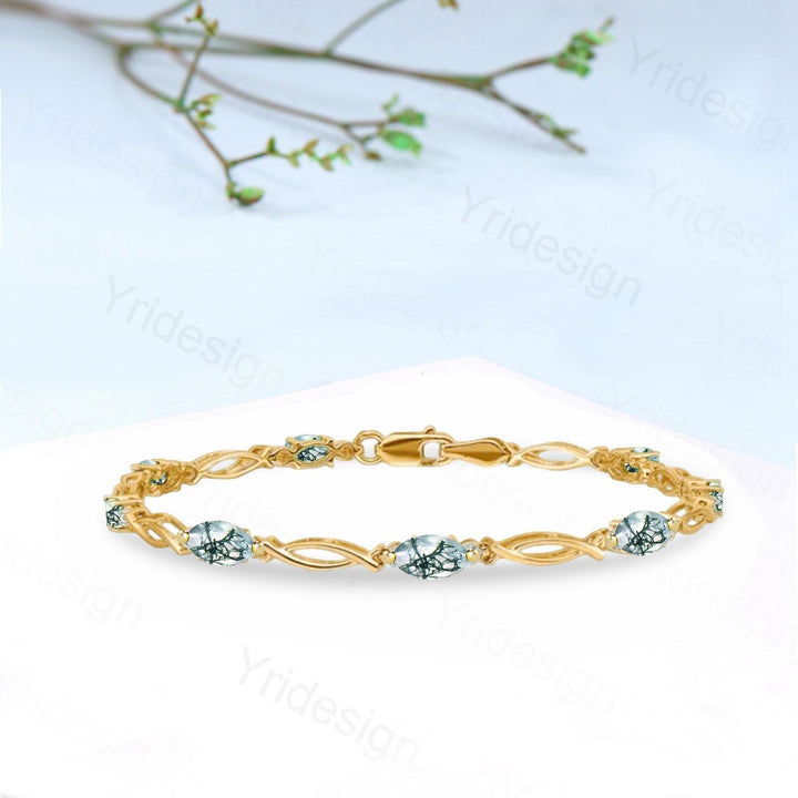 Enchanted Moss Agate Bracelet - Gold Twisted Vine Link Bracelet with Dendritic Gemstones, Nature-Inspired Boho Jewelry - PENFINE