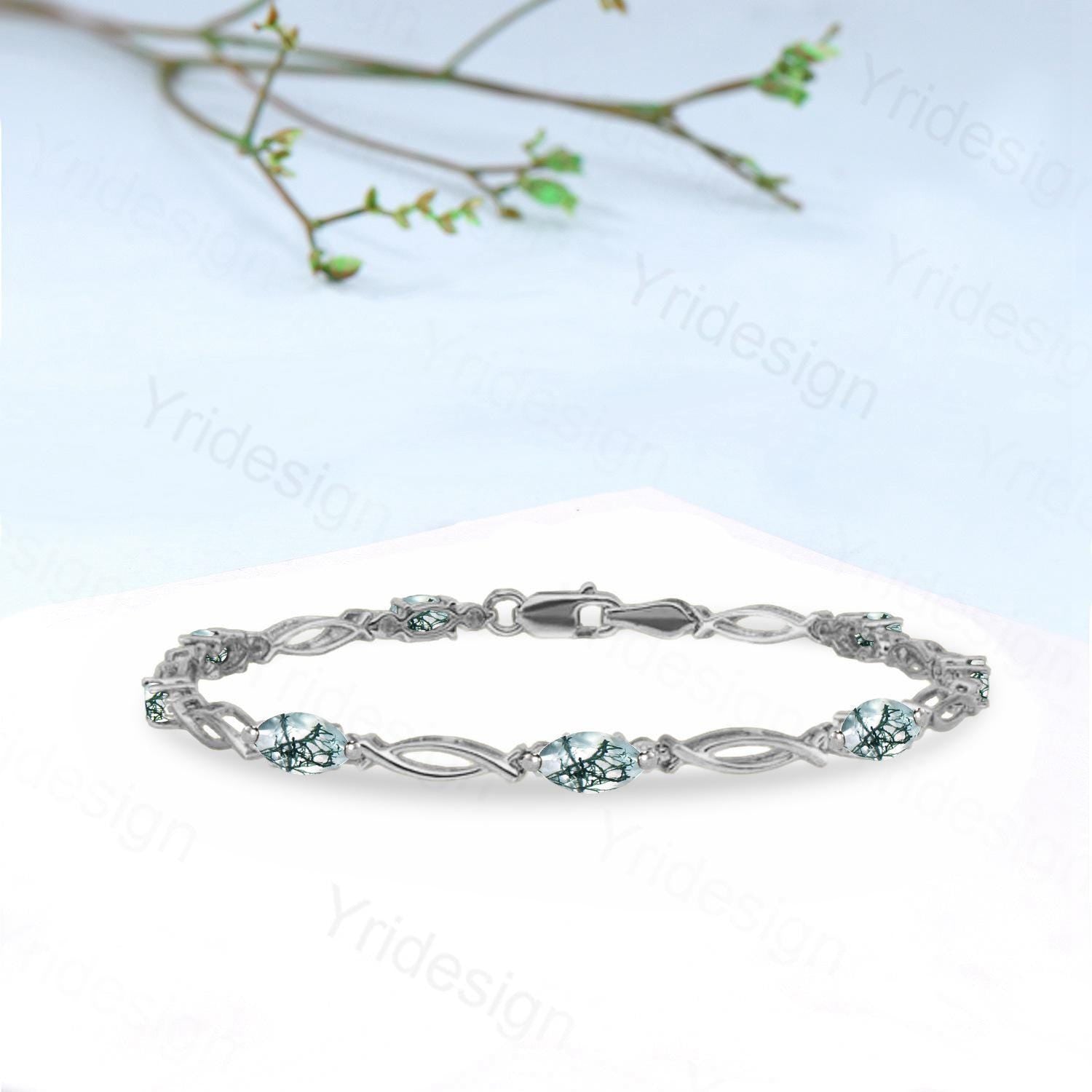 Enchanted Moss Agate Bracelet - Gold Twisted Vine Link Bracelet with Dendritic Gemstones, Nature-Inspired Boho Jewelry - PENFINE
