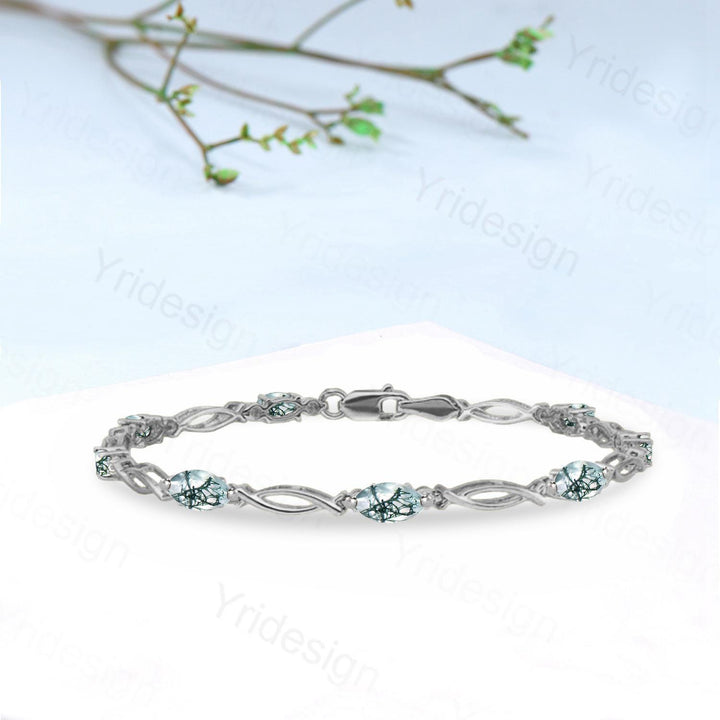 Enchanted Moss Agate Bracelet - Gold Twisted Vine Link Bracelet with Dendritic Gemstones, Nature-Inspired Boho Jewelry - PENFINE