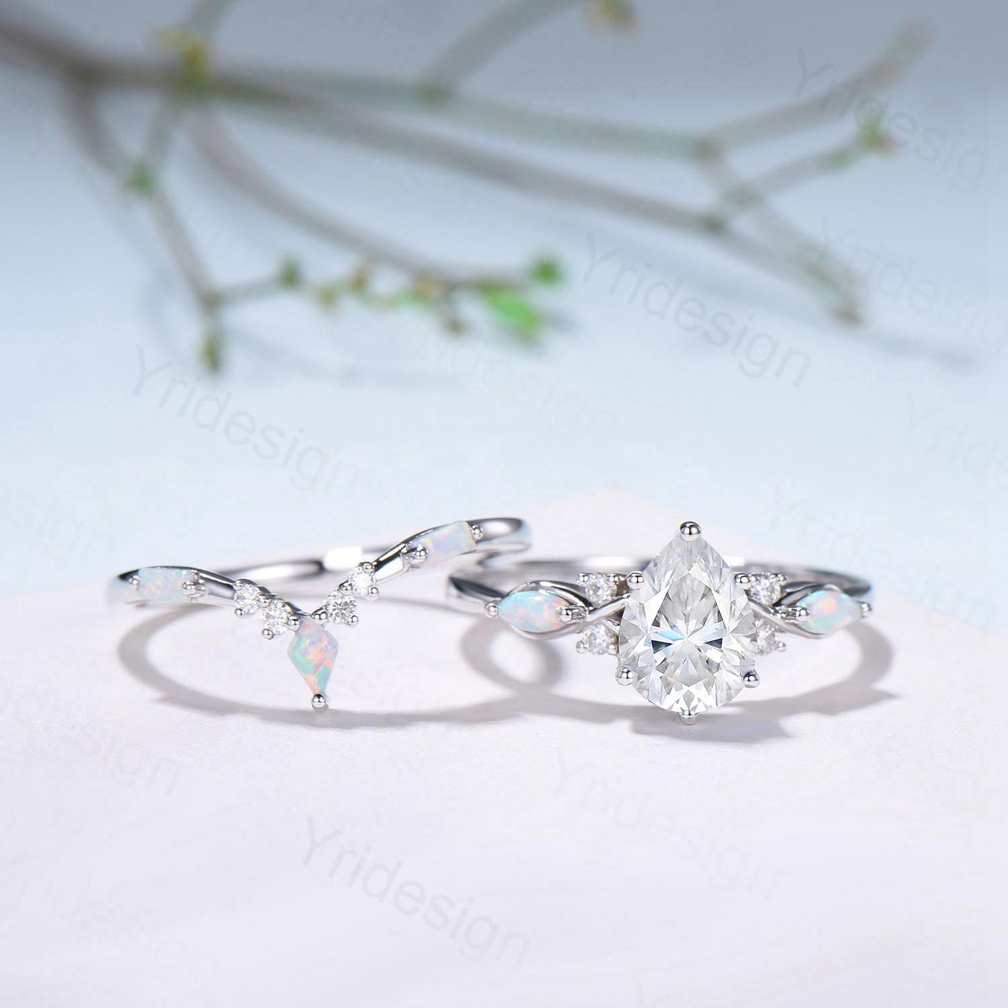 Vintage Pear Shaped Moissanite Wedding Ring Set, White Gold Accent Opal Stacking Band, Unique Moissanite Engagement Ring For Women - PENFINE