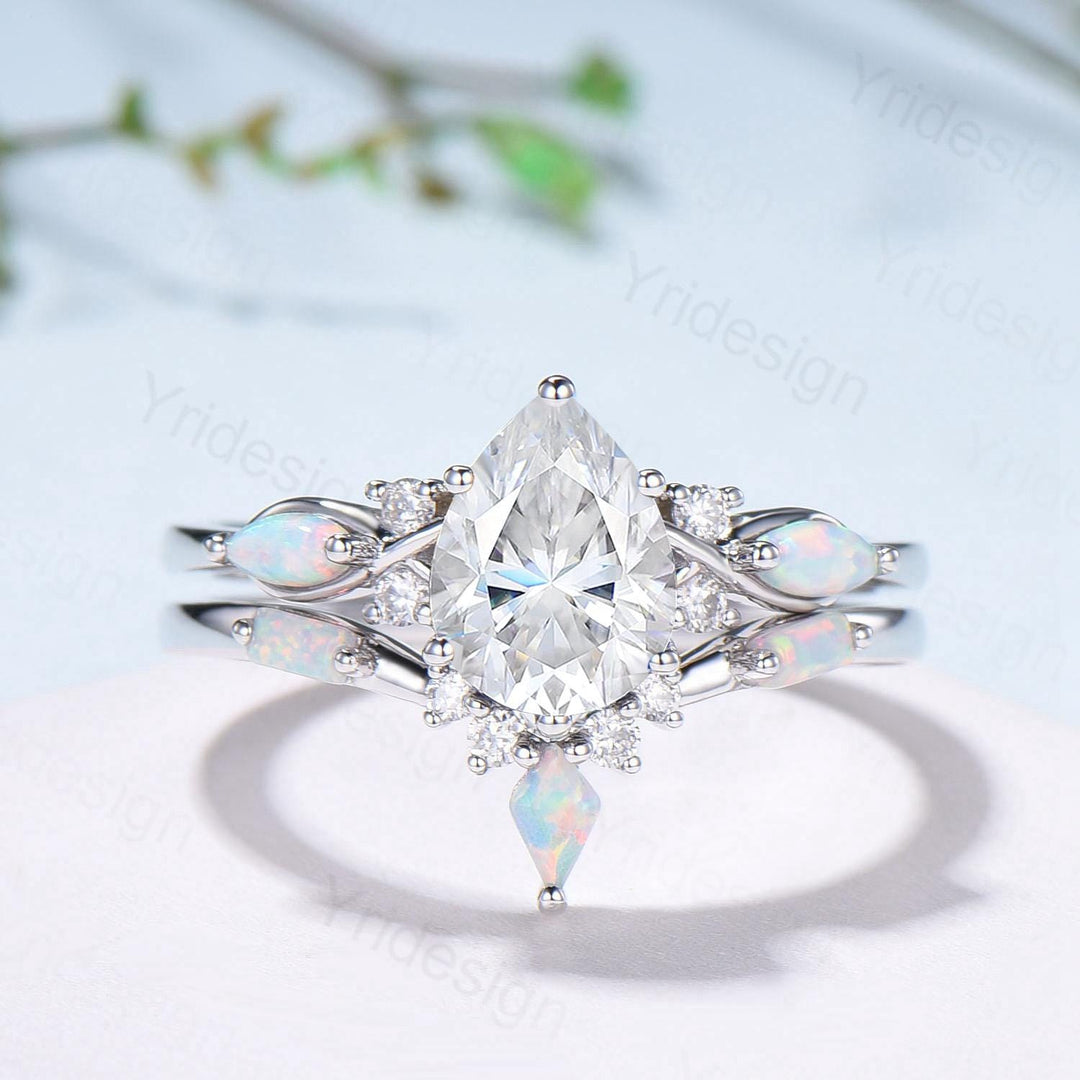 Vintage Pear Shaped Moissanite Wedding Ring Set, White Gold Accent Opal Stacking Band, Unique Moissanite Engagement Ring For Women - PENFINE