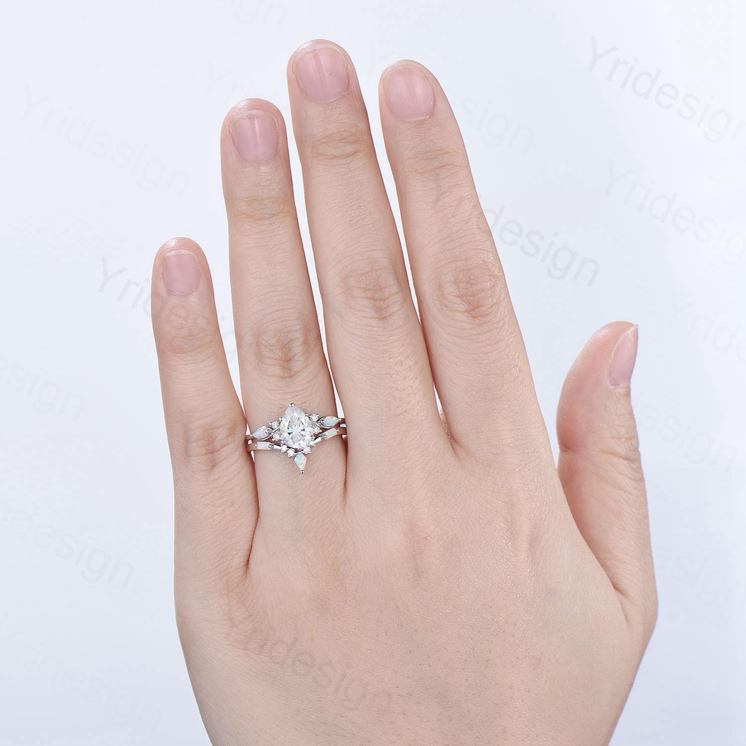 Vintage Pear Shaped Moissanite Wedding Ring Set, White Gold Accent Opal Stacking Band, Unique Moissanite Engagement Ring For Women - PENFINE