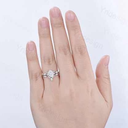 Vintage Pear Shaped Moissanite Wedding Ring Set, White Gold Accent Opal Stacking Band, Unique Moissanite Engagement Ring For Women - PENFINE