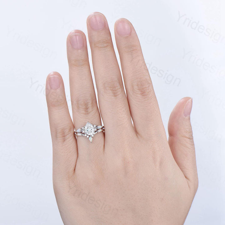 Vintage Pear Shaped Moissanite Wedding Ring Set, White Gold Accent Opal Stacking Band, Unique Moissanite Engagement Ring For Women - PENFINE