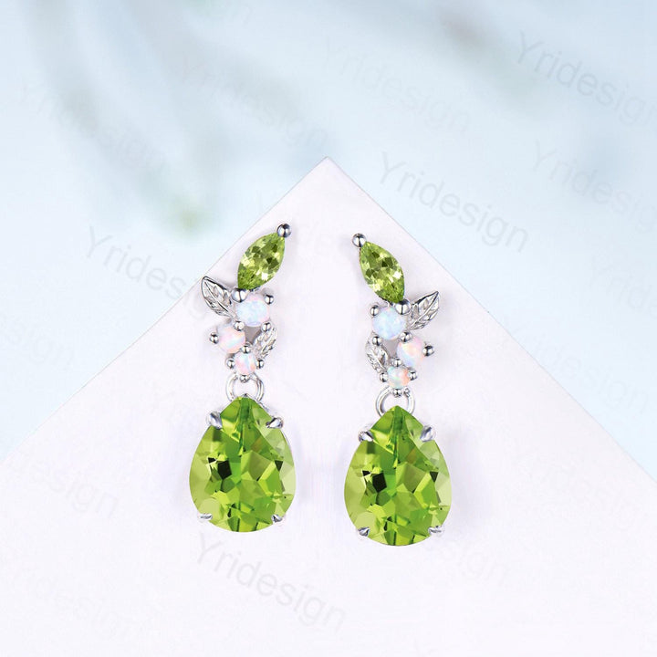 Vintage Pear Shaped Peridot Earrings, Leaf Vine Studs, Silver White Gold Nature Inspired Opal Earrings for Women - PENFINE