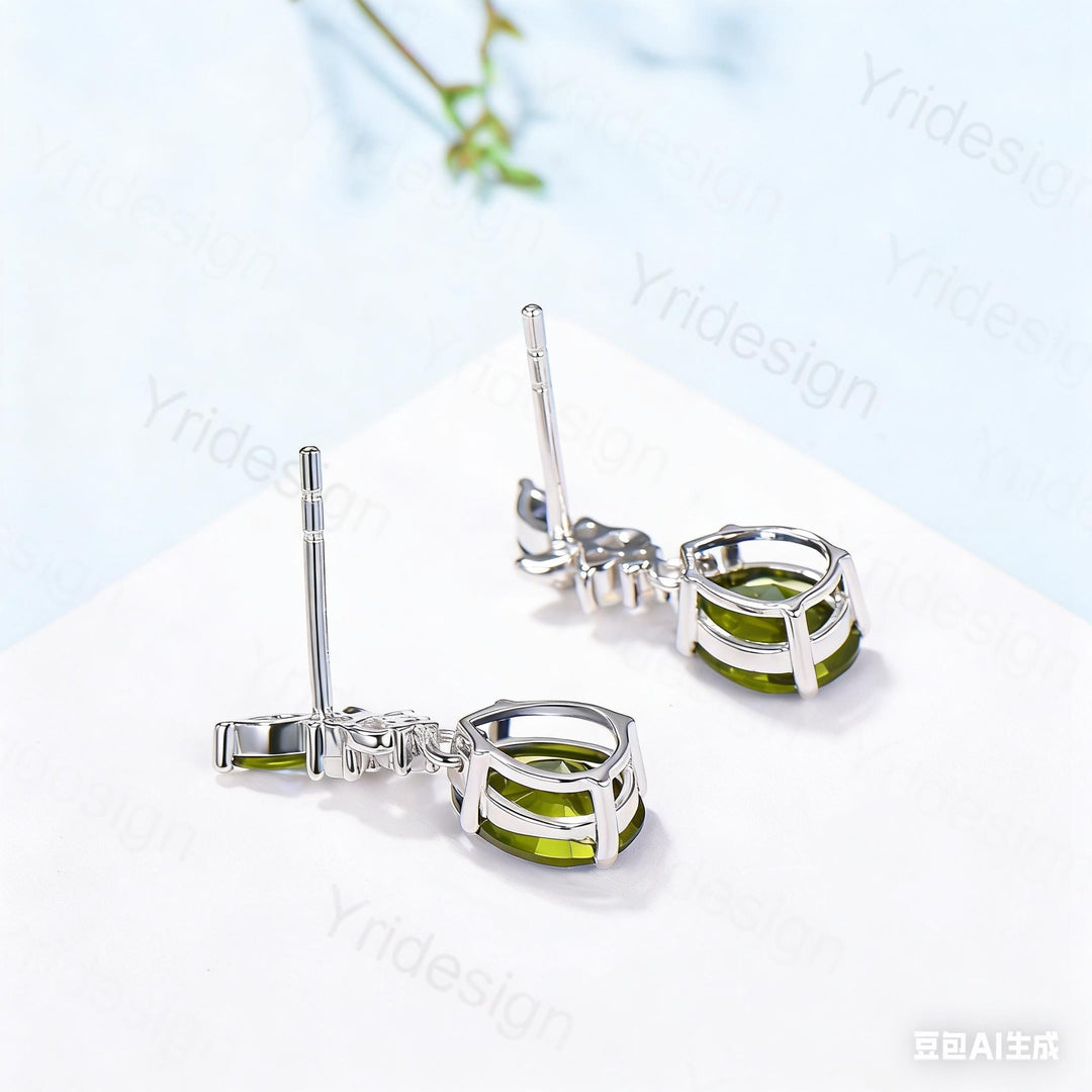 Vintage Pear Shaped Peridot Earrings, Leaf Vine Studs, Silver White Gold Nature Inspired Opal Earrings for Women - PENFINE