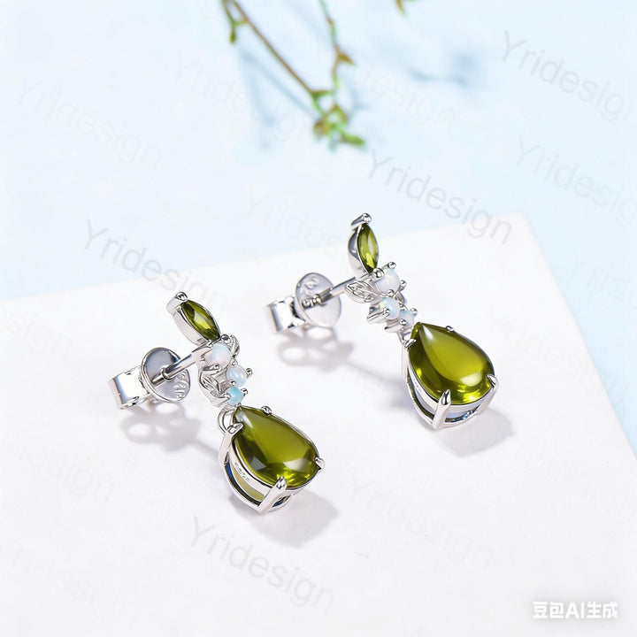 Vintage Pear Shaped Peridot Earrings, Leaf Vine Studs, Silver White Gold Nature Inspired Opal Earrings for Women - PENFINE