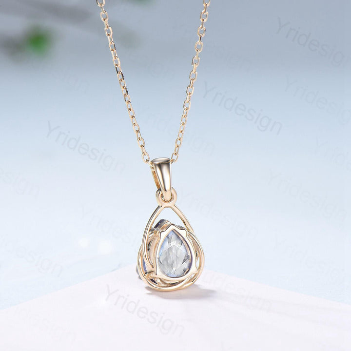 Twisted Gold Teardrop Moissanite Pendant Necklace | Wire-Wrapped Pear Lab Grown Diamond Fine Jewelry | Delicate Open-Frame Drop Necklace - PENFINE