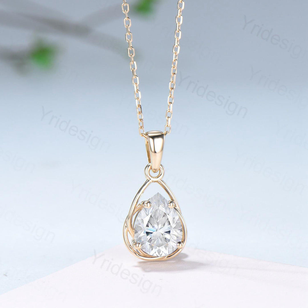 Twisted Gold Teardrop Moissanite Pendant Necklace | Wire-Wrapped Pear Lab Grown Diamond Fine Jewelry | Delicate Open-Frame Drop Necklace - PENFINE