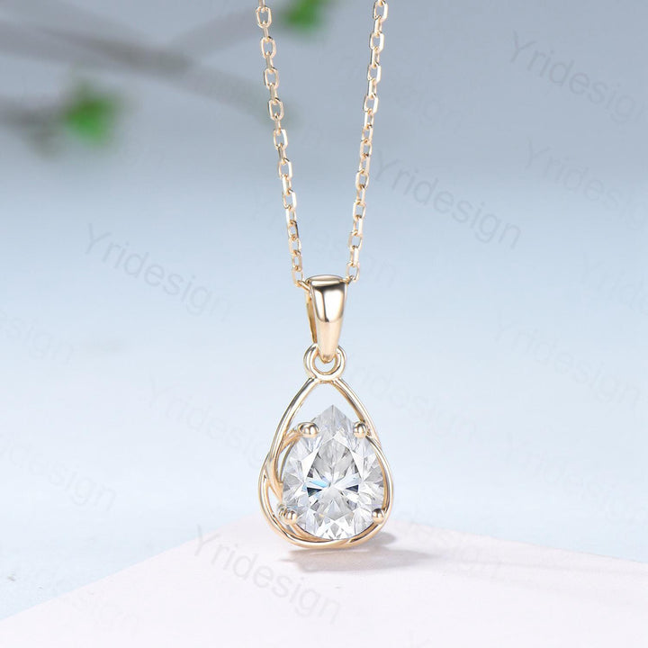 Twisted Gold Teardrop Moissanite Pendant Necklace | Wire-Wrapped Pear Lab Grown Diamond Fine Jewelry | Delicate Open-Frame Drop Necklace - PENFINE