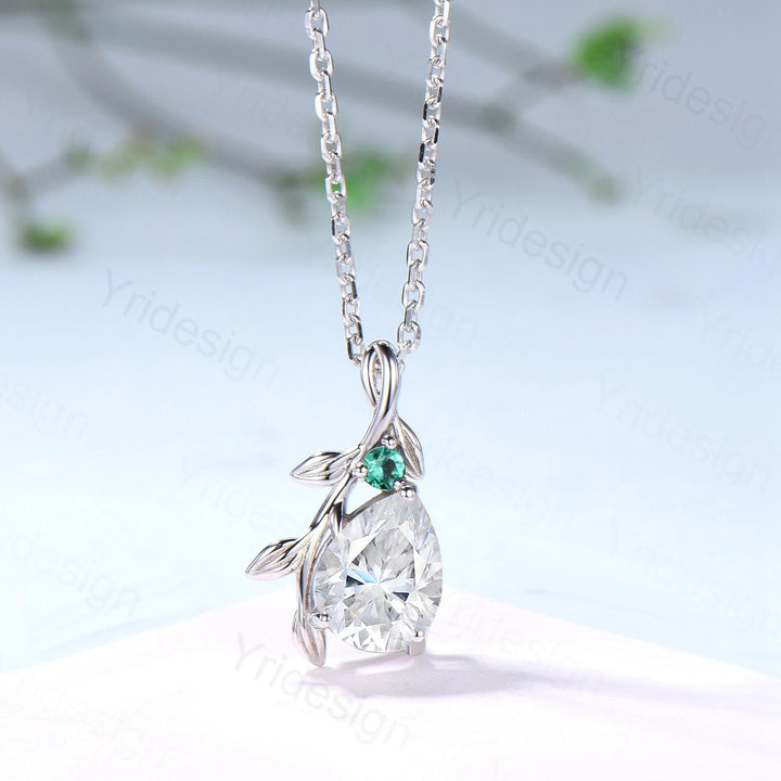 Elegant Pear Shaped Moissanite Pendant Necklace leaf vine branch emerald necklace Twisted nature inspired lab grown diamond anniversary gift - PENFINE