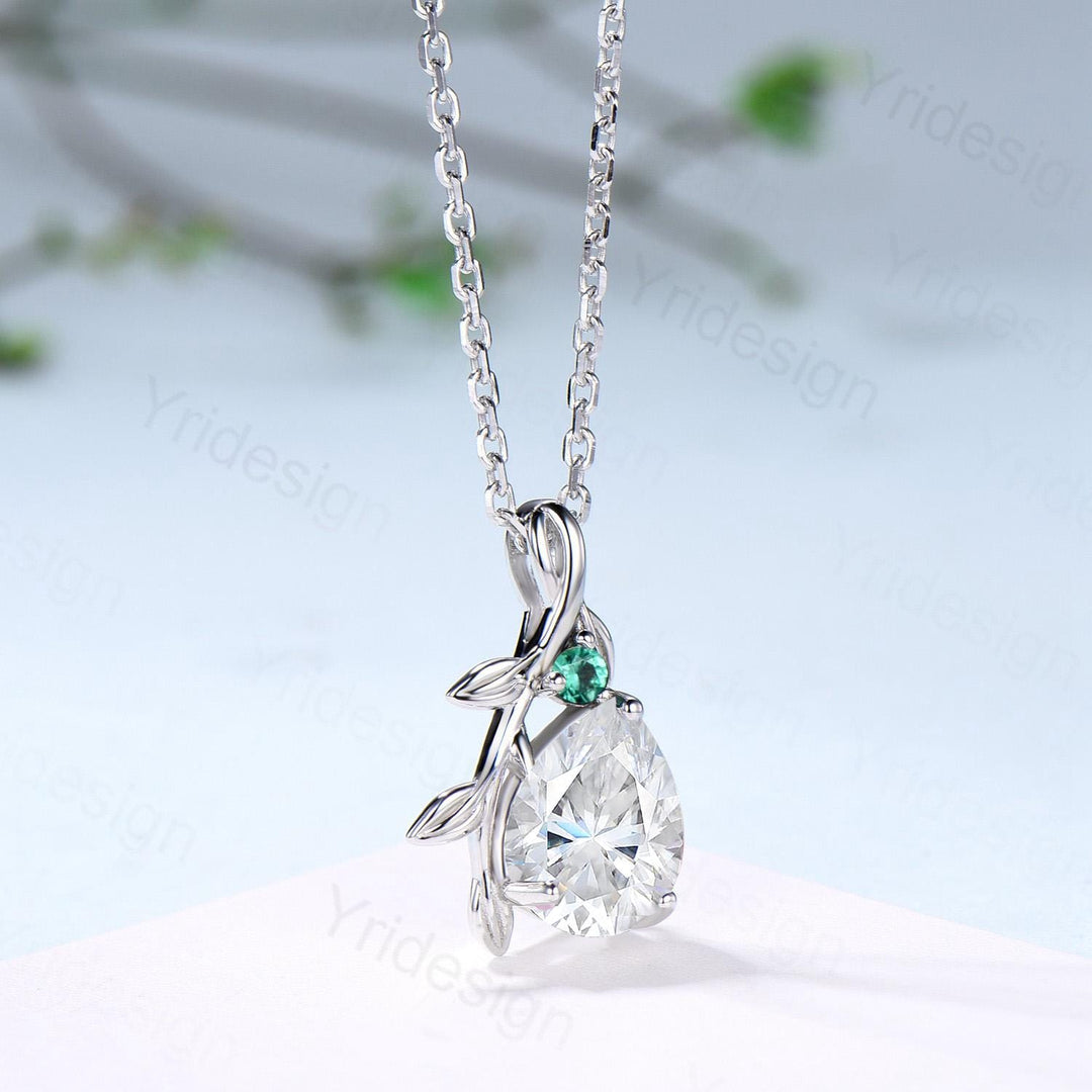 Elegant Pear Shaped Moissanite Pendant Necklace leaf vine branch emerald necklace Twisted nature inspired lab grown diamond anniversary gift - PENFINE