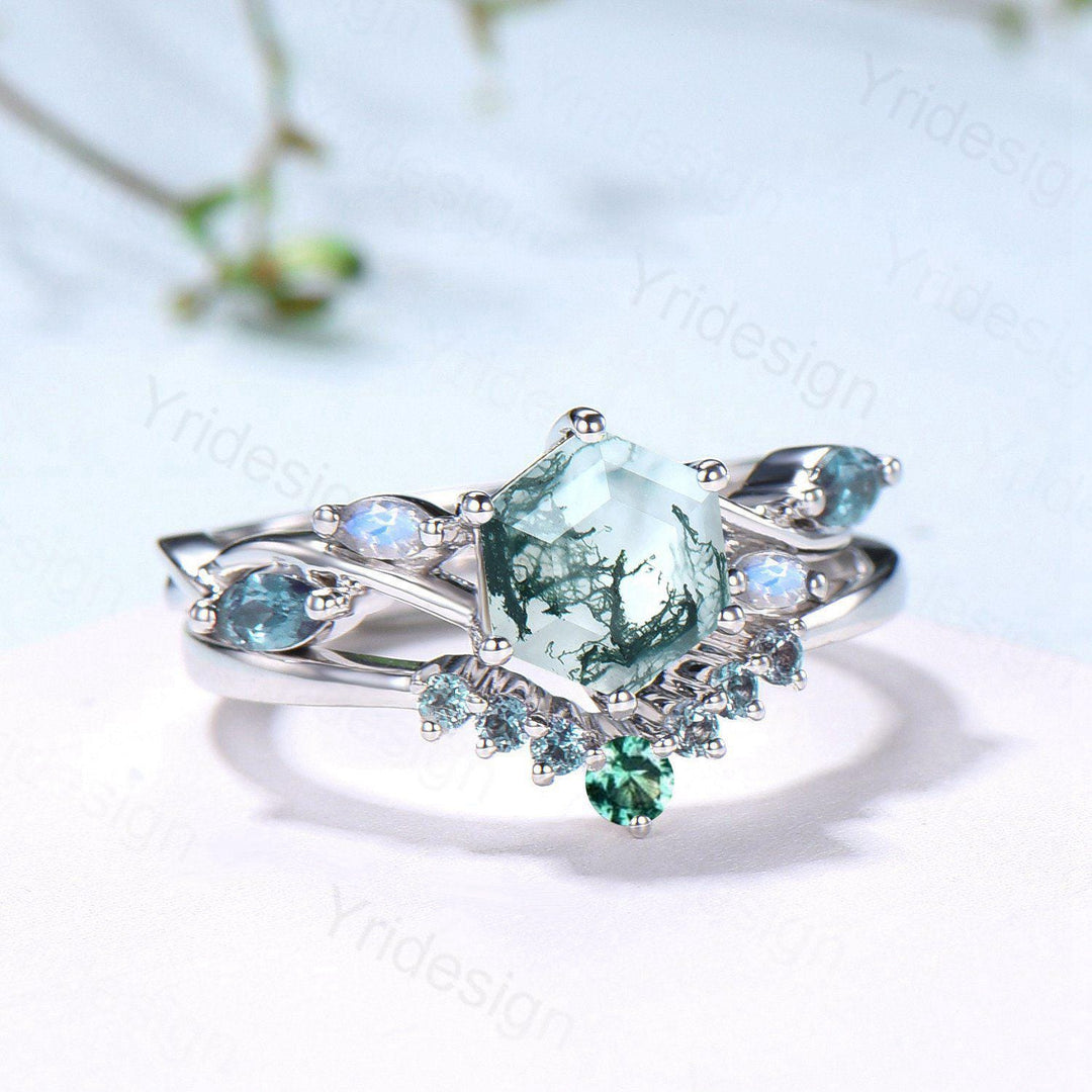 Hexagon Moss Agate Engagement Ring Set, Alexandrite, Moonstone, Emerald Band - PENFINE