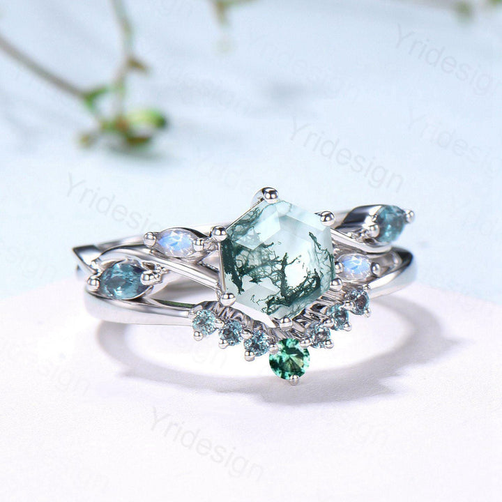 Hexagon Moss Agate Engagement Ring Set, Alexandrite, Moonstone, Emerald Band - PENFINE