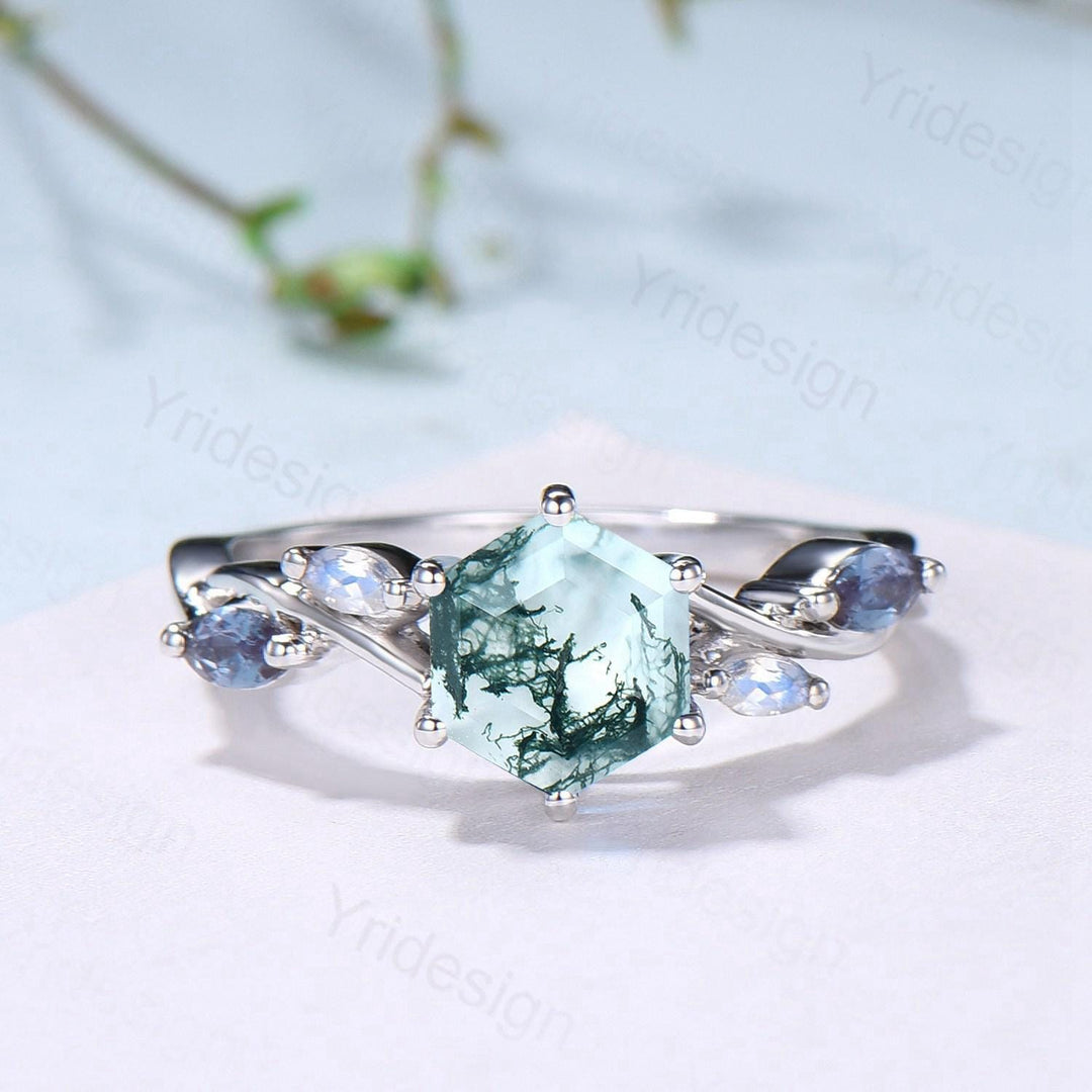 Hexagon Moss Agate Engagement Ring Set, Alexandrite, Moonstone, Emerald Band - PENFINE
