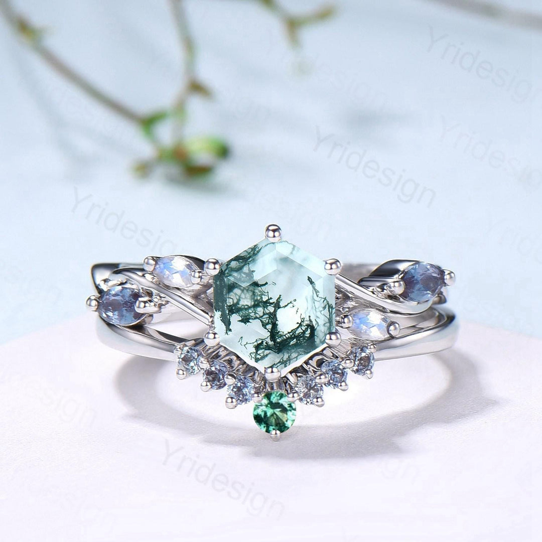 Hexagon Moss Agate Engagement Ring Set, Alexandrite, Moonstone, Emerald Band - PENFINE
