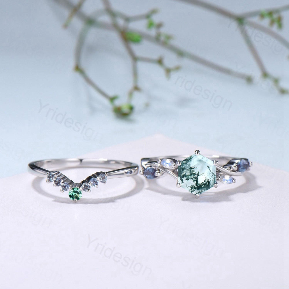 Hexagon Moss Agate Engagement Ring Set, Alexandrite, Moonstone, Emerald Band - PENFINE