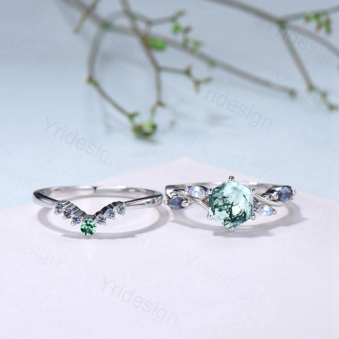 Hexagon Moss Agate Engagement Ring Set, Alexandrite, Moonstone, Emerald Band - PENFINE