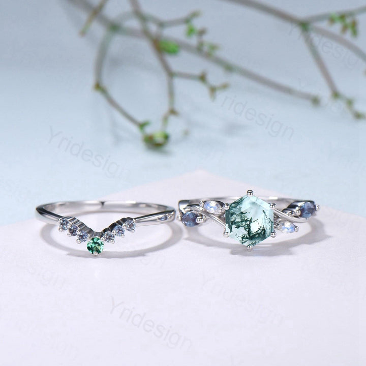 Hexagon Moss Agate Engagement Ring Set, Alexandrite, Moonstone, Emerald Band - PENFINE
