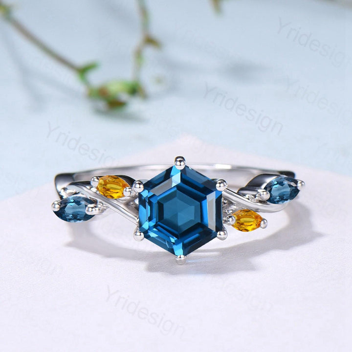 Unique Hexagon Cut London Blue Topaz Engagement Ring Set, Art Deco Marqusie Citrine Wedding Band, Alexandrite Amethyst Stacking Band - PENFINE