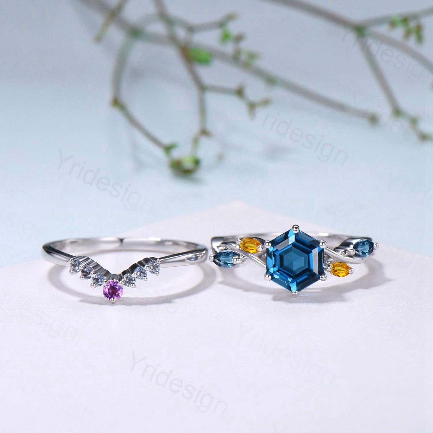 Unique Hexagon Cut London Blue Topaz Engagement Ring Set, Art Deco Marqusie Citrine Wedding Band, Alexandrite Amethyst Stacking Band - PENFINE