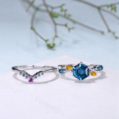 Unique Hexagon Cut London Blue Topaz Engagement Ring Set, Art Deco Marqusie Citrine Wedding Band, Alexandrite Amethyst Stacking Band - PENFINE
