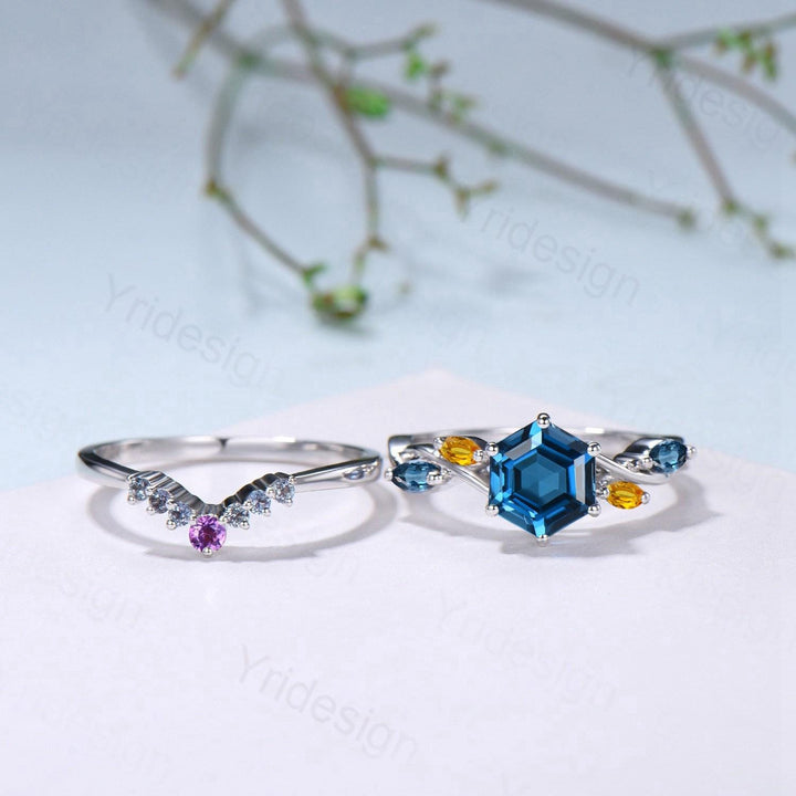Unique Hexagon Cut London Blue Topaz Engagement Ring Set, Art Deco Marqusie Citrine Wedding Band, Alexandrite Amethyst Stacking Band - PENFINE