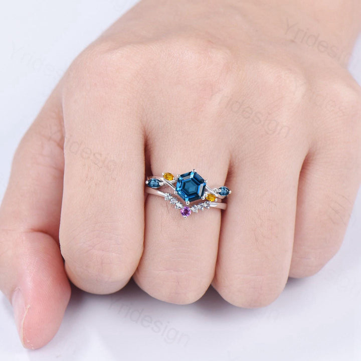 Unique Hexagon Cut London Blue Topaz Engagement Ring Set, Art Deco Marqusie Citrine Wedding Band, Alexandrite Amethyst Stacking Band - PENFINE