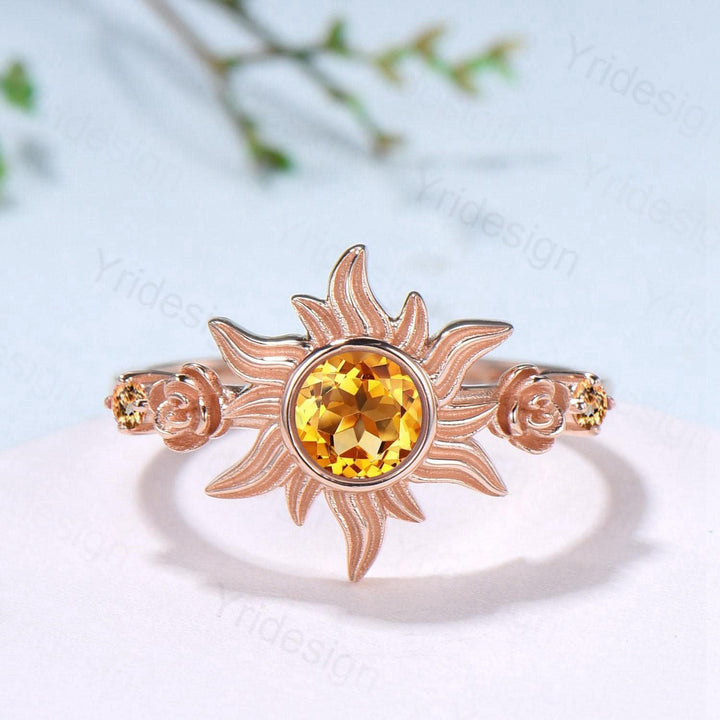 Sunflower Citrine Engagement Ring,  Rose Gold Flower Three Stone Ring - PENFINE