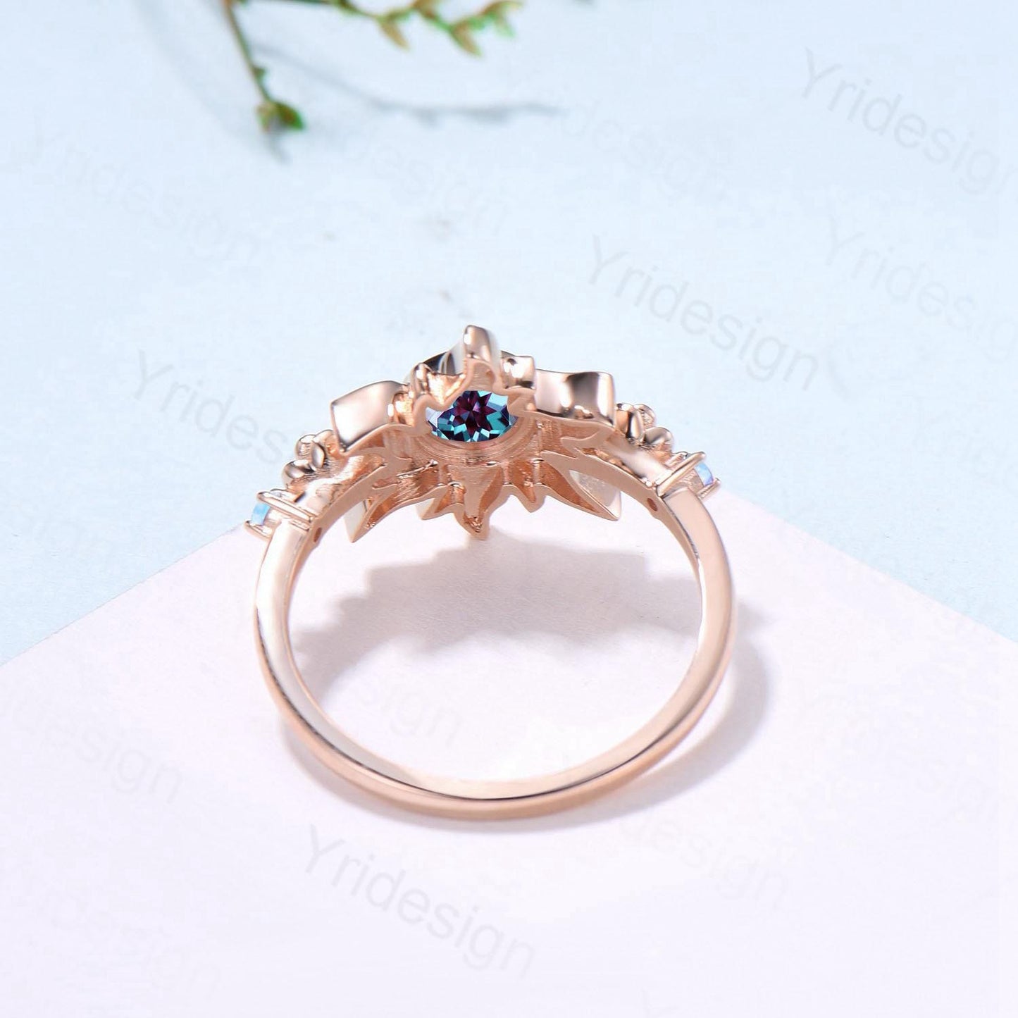 Rose Gold Sunflower Moonstone Engagement Ring & Tiny Alexandrite Accents | Celestial Flower Statement Ring for Women - PENFINE