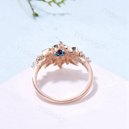 Rose Gold Sunflower Moonstone Engagement Ring & Tiny Alexandrite Accents | Celestial Flower Statement Ring for Women - PENFINE