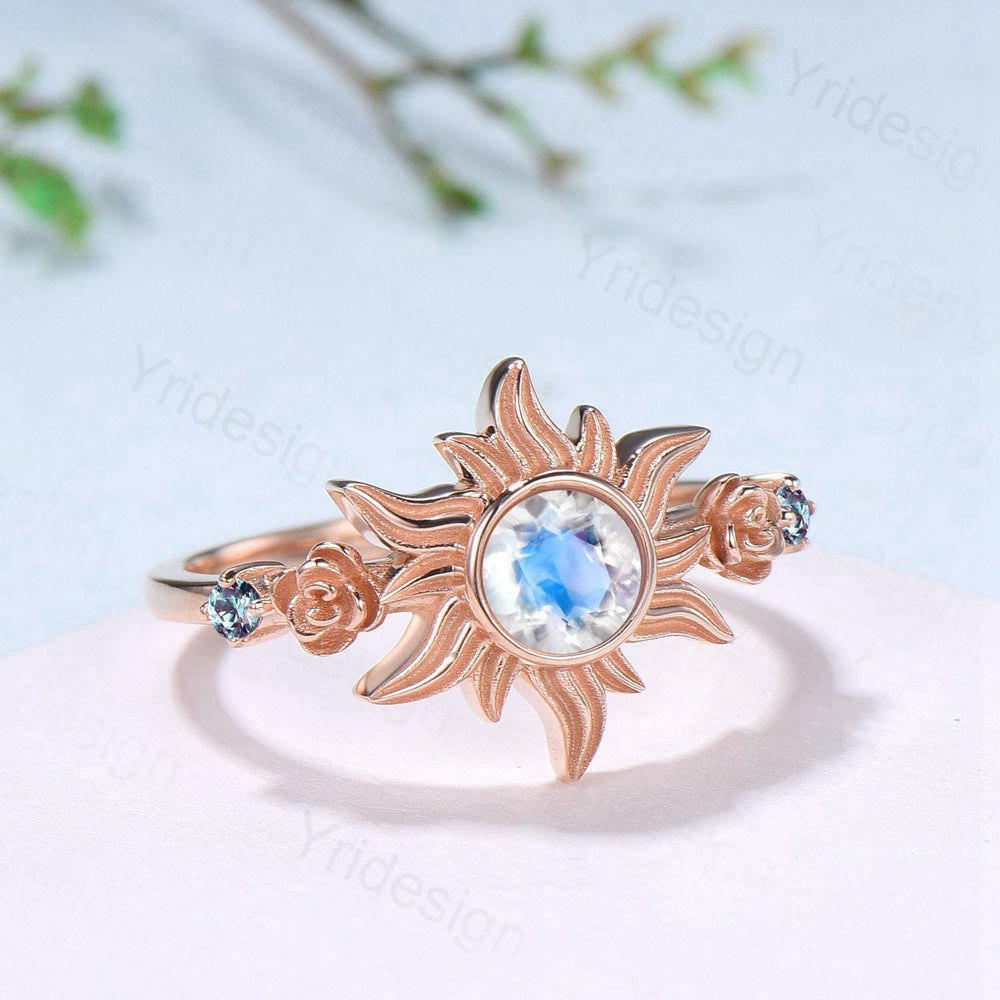 Vintage Sunflower Moonstone Engagement Ring & Tiny Alexandrite Accents | Celestial Flower Statement Ring for Women - PENFINE